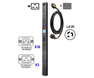 APC Metered Rack AP8858NA3 - Rack-mountable, INPUT: NEMA L6-20P, OUTPUT:  18 x IEC 320 C13, and 2 x IEC 320 C19